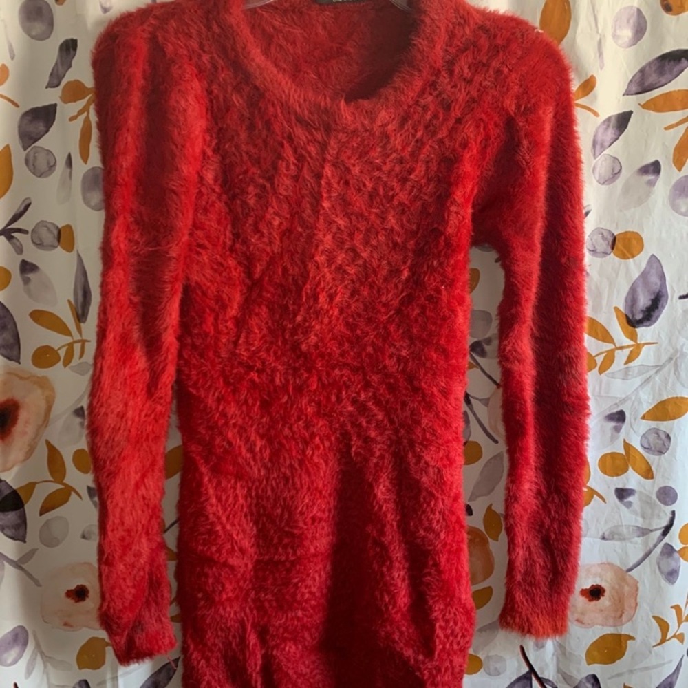 🔥5/$25 Women's Red Fuzzy Scoop-Neck Sweater Dress Sz OS